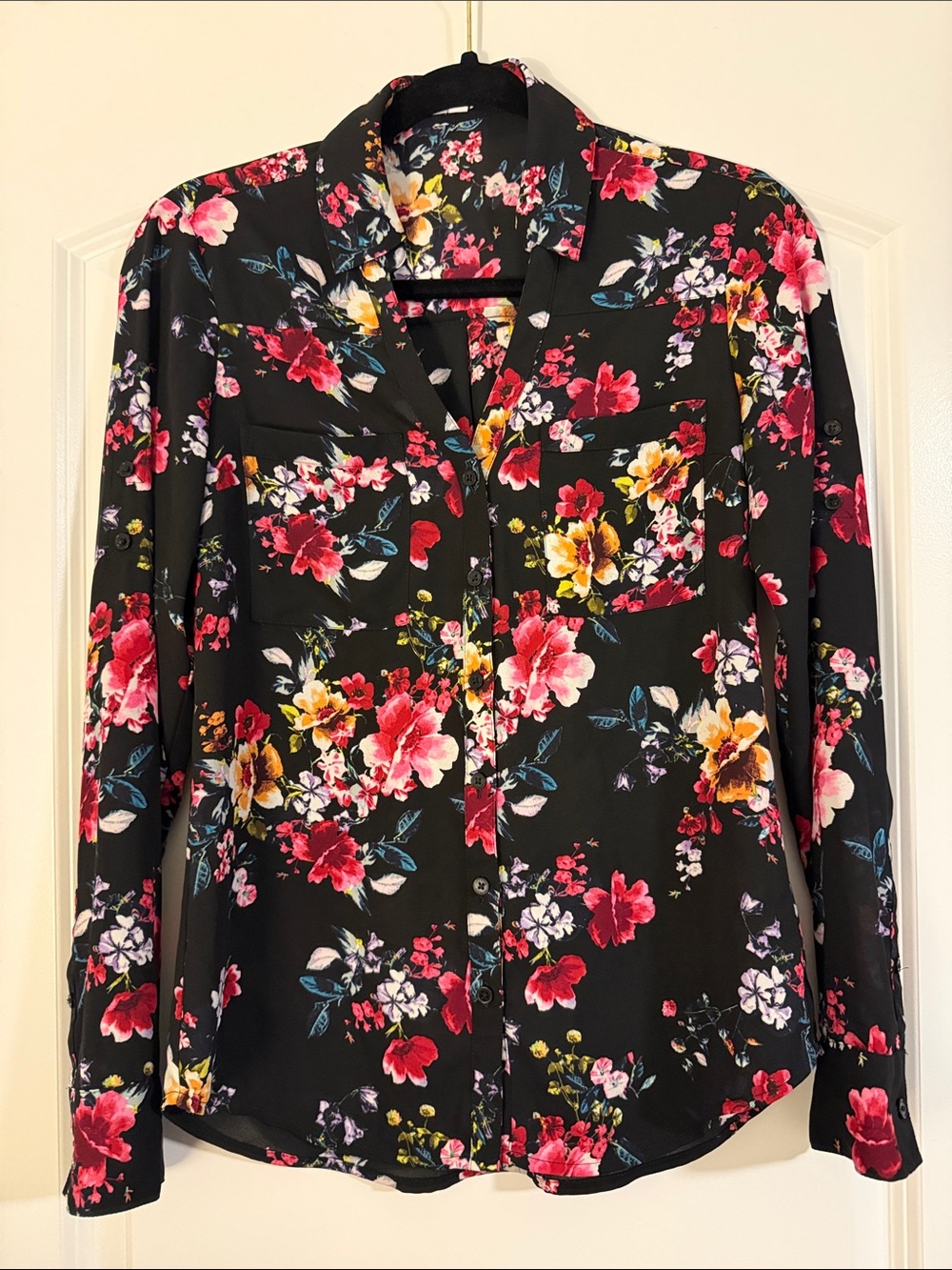 Express Portofino Black Floral Button-Up Shirt